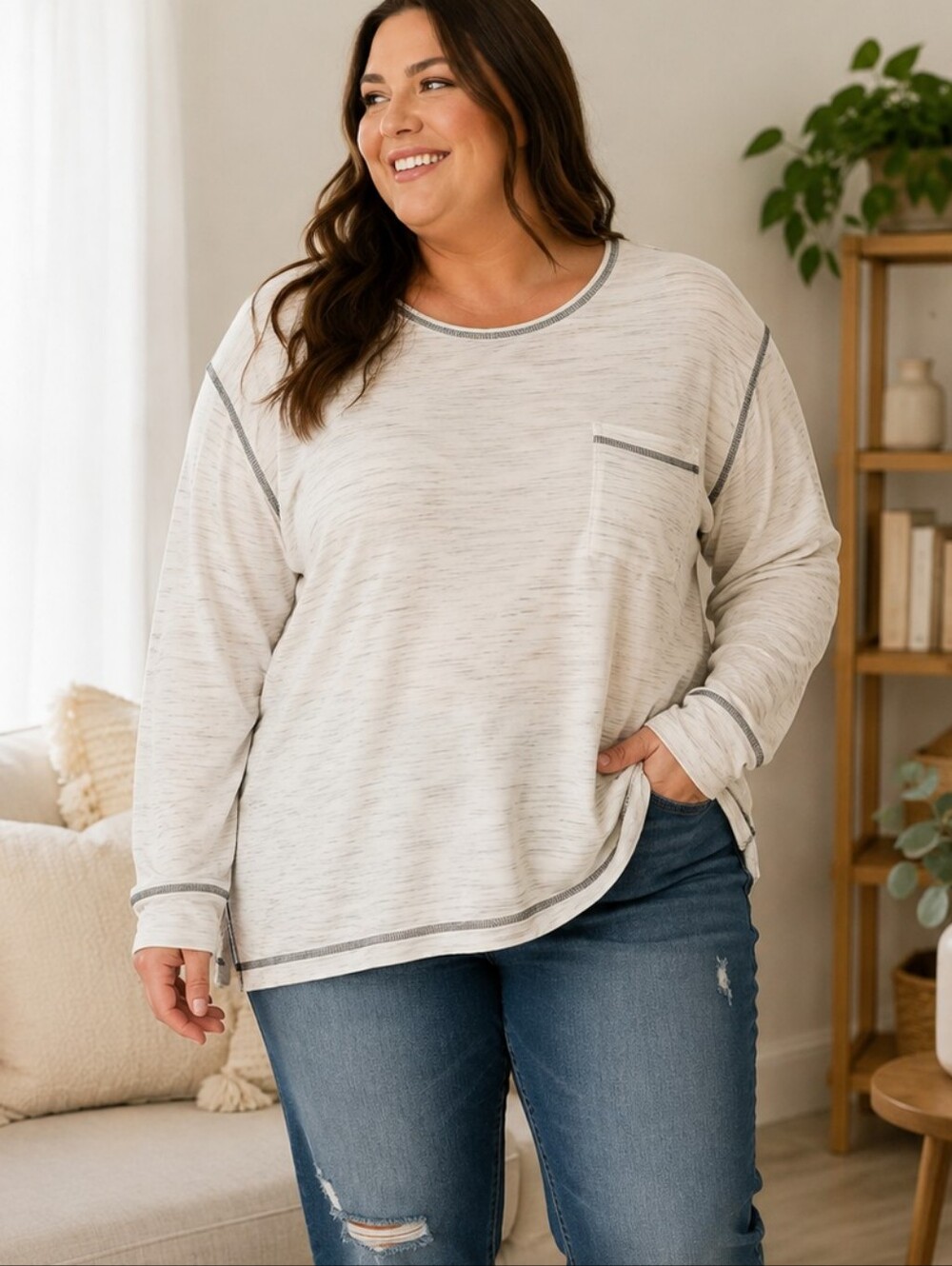 Pink Clover Melody Exposed Seam Pocket Knit Top 3X Off White Plus Size